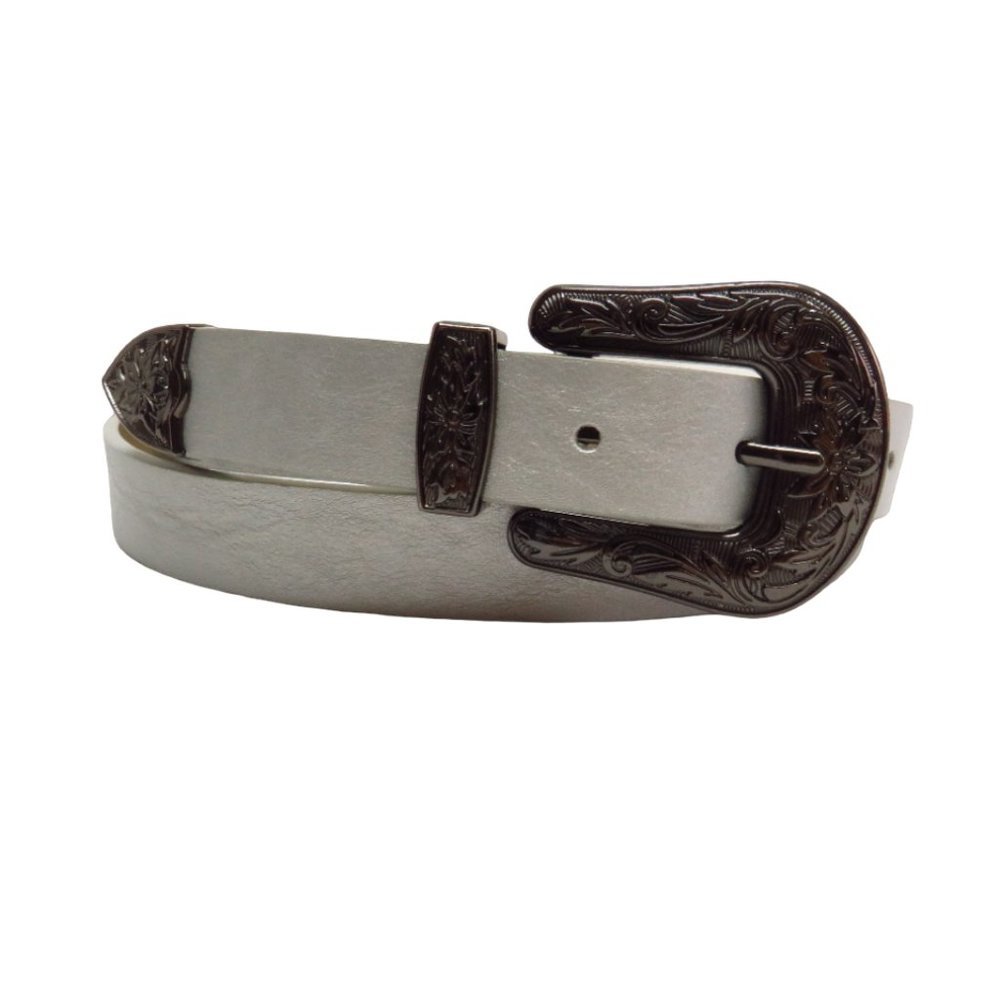 Silver Synthetic Leather Belt w/Southwest Buckle